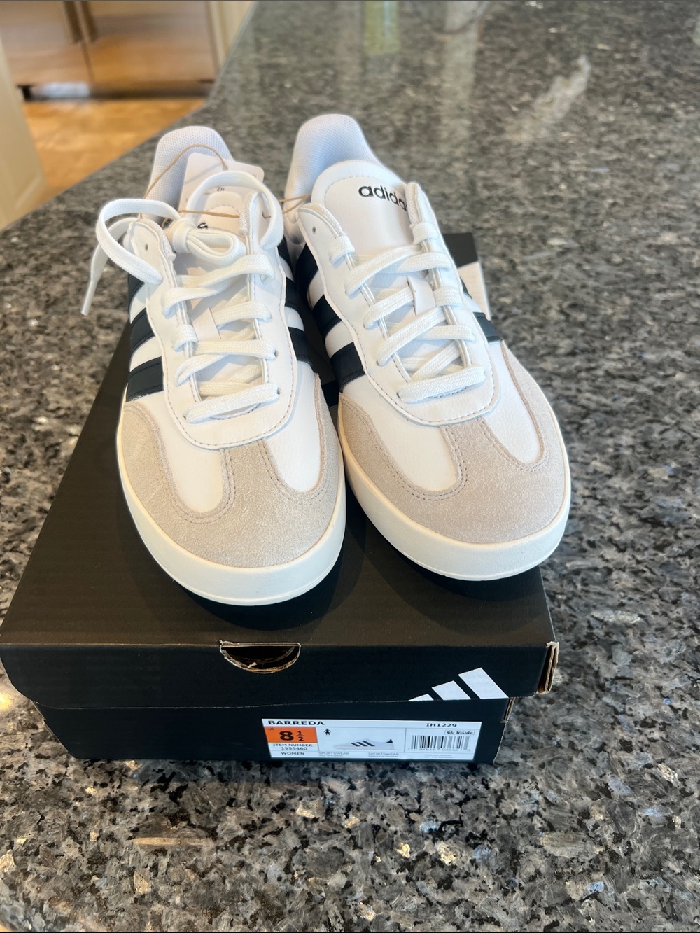 adidas White Sneakers with Black Stripes and Beige Suede Accents
